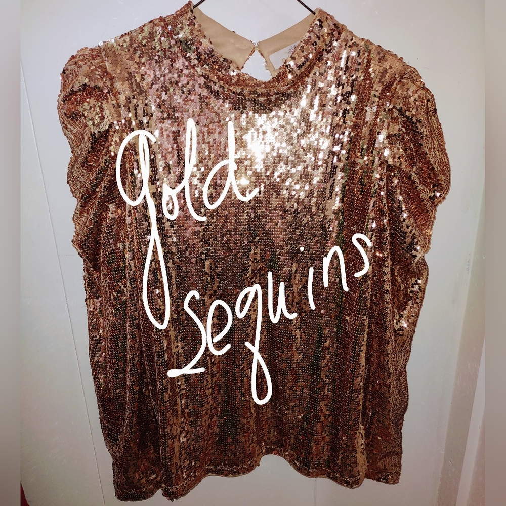 Sparkling Gold Sequins XL Top  Puffy Sleeves - Picture 3 of 11
